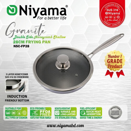 Niyama SUS 316 Stainless Steel Granite Double Side Honeycomb Frying Pan with Glass Lid - 26cm
