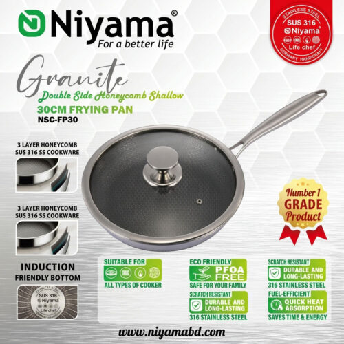Niyama SUS 316 Stainless Steel Granite Double Side Honeycomb Frying Pan with Glass Lid - 30cm
