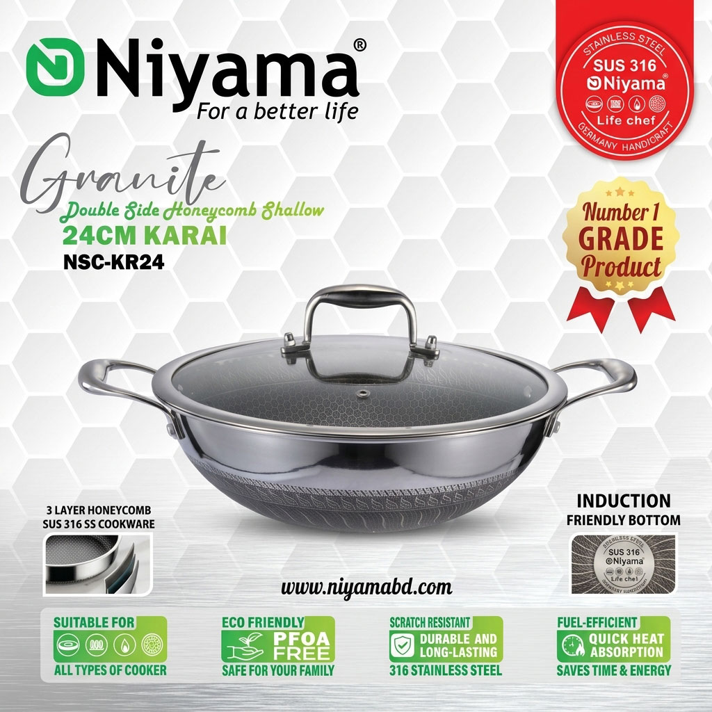 Niyama SUS 316 Stainless Steel Granite Double Side Honeycomb Karai with Glass Lid - 24cm