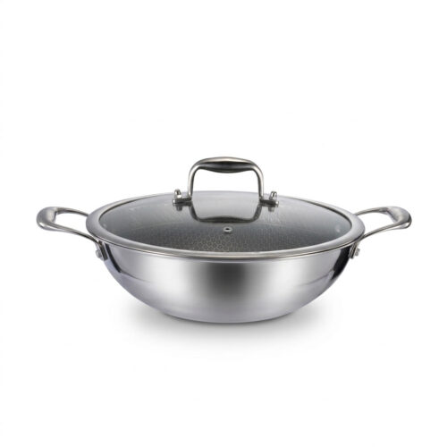 Niyama SUS 316 Stainless Steel Granite Double Side Honeycomb Karai with Glass Lid - 24cm