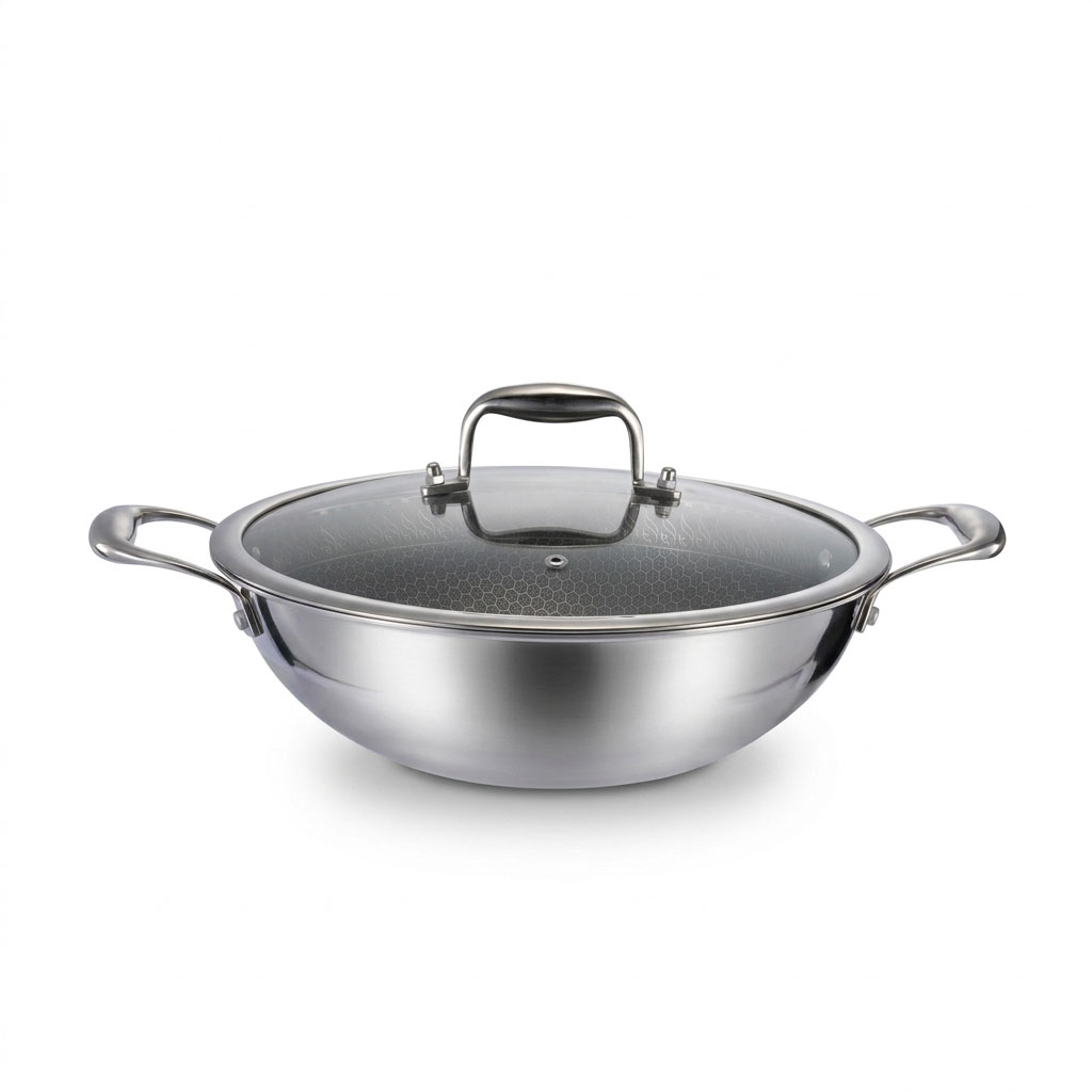 Niyama SUS 316 Stainless Steel Granite Double Side Honeycomb Karai with Glass Lid - 24cm