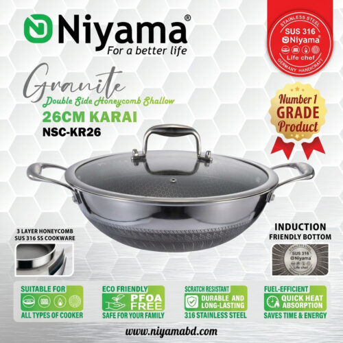 Niyama SUS 316 Stainless Steel Granite Double Side Honeycomb Karai with Glass Lid - 26cm