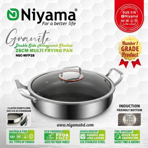 Niyama SUS 316 Stainless Steel Granite Double Side Honeycomb Multi Frying Pan with Glass Lid - 28cm