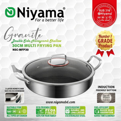 Niyama SUS 316 Stainless Steel Granite Double Side Honeycomb Multi Frying Pan with Glass Lid - 30cm