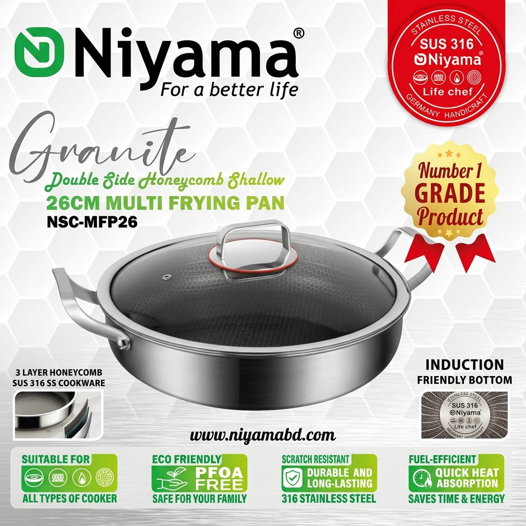 Niyama SUS 316 Stainless Steel Granite Double Side Honeycomb Multi Frying Pan with Glass Lid - 26cm