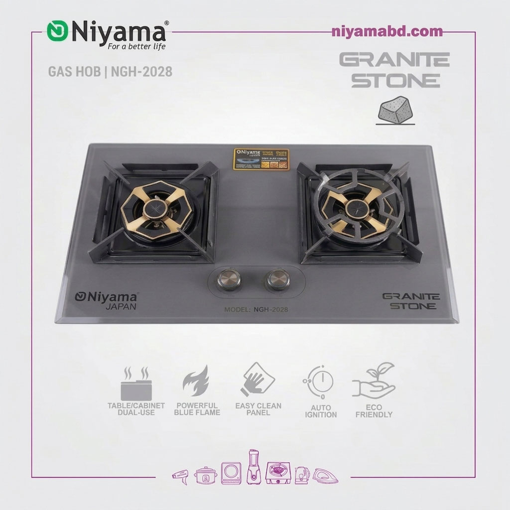 NGH-2028 Niyama Grey Granite Stone Finish Double Burner Gas Hob