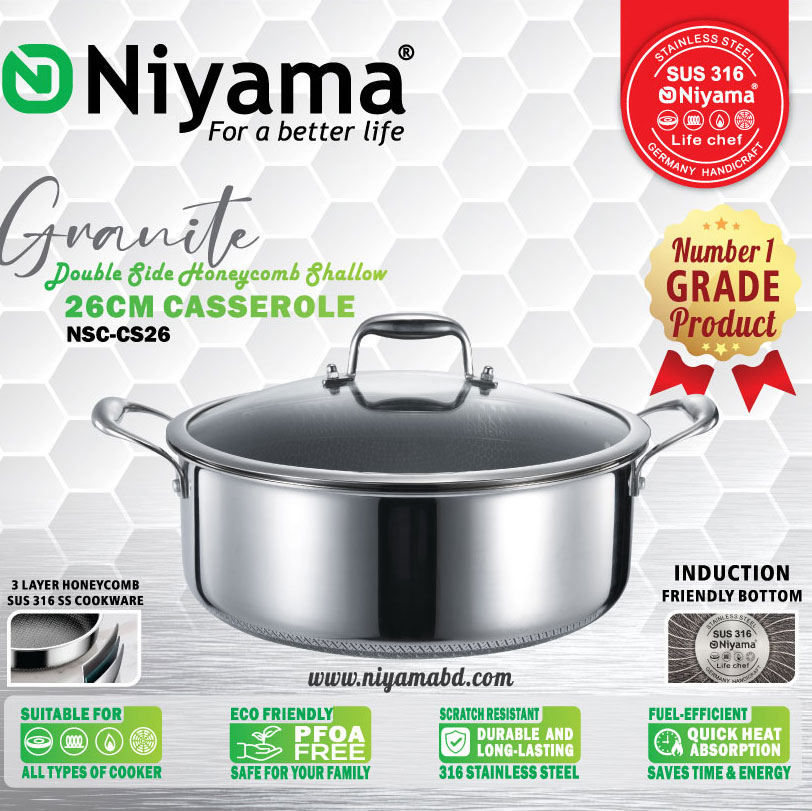 Niyama SUS 316 Stainless Steel Granite Double Side Honeycomb Shallow Casserole with Glass Lid - 26cm