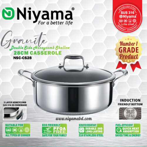 Niyama SUS 316 Stainless Steel Granite Double Side Honeycomb Shallow Casserole with Glass Lid