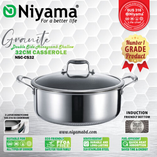 Niyama SUS 316 Stainless Steel Granite Double Side Honeycomb Shallow Casserole with Glass Lid