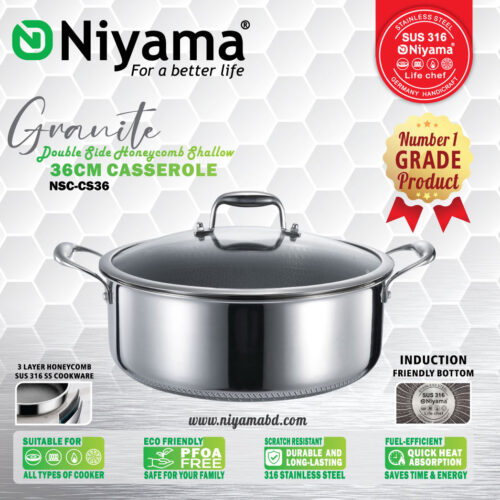 Niyama SUS 316 Stainless Steel Granite Double Side Honeycomb Shallow Casserole with Glass Lid