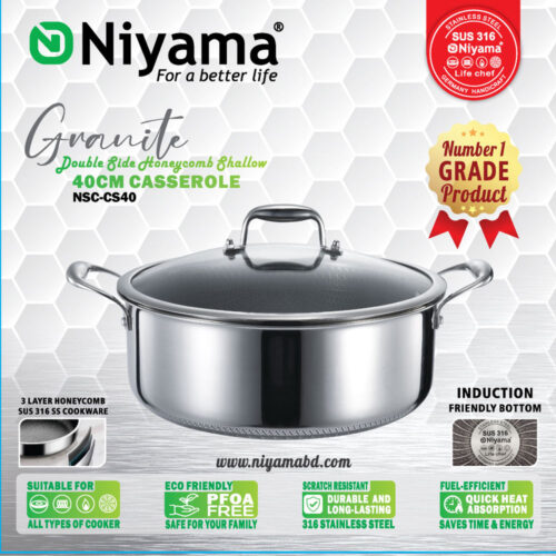 Niyama SUS 316 Stainless Steel Granite Double Side Honeycomb Shallow Casserole with Glass Lid