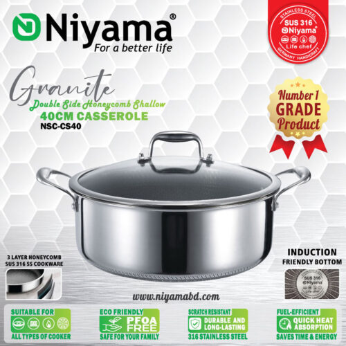 Niyama SUS 316 Stainless Steel Granite Double Side Honeycomb Shallow Casserole with Glass Lid