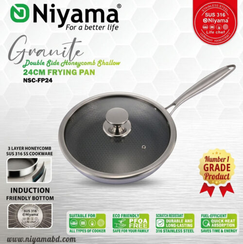 Niyama SUS 316 Stainless Steel Granite Double Side Honeycomb Frying Pan with Glass Lid