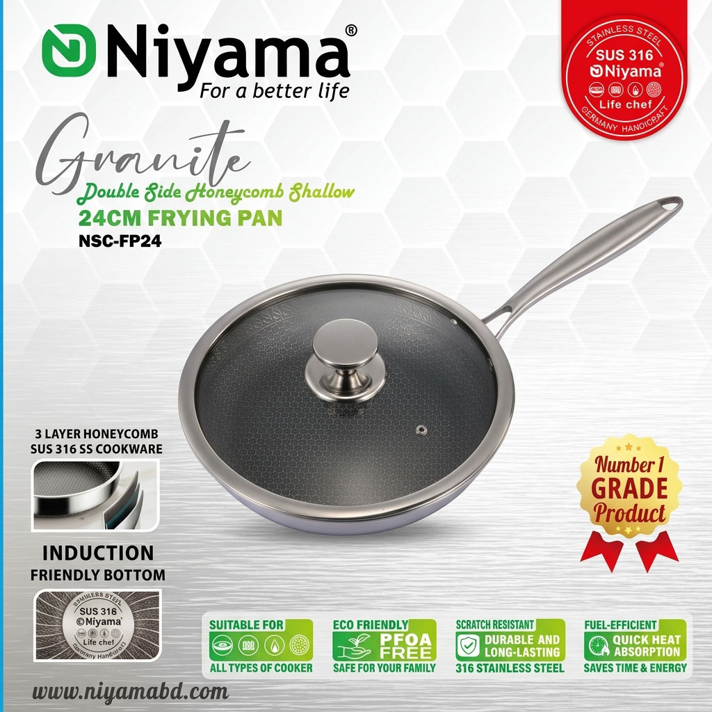 NSC-FP24 Niyama SUS 316 Stainless Steel Granite Double Side Honeycomb Frying Pan with Glass Lid