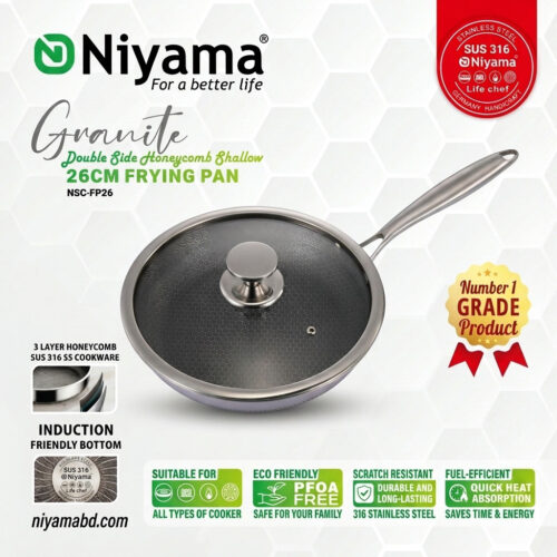 Niyama SUS 316 Stainless Steel Granite Double Side Honeycomb Frying Pan with Glass Lid